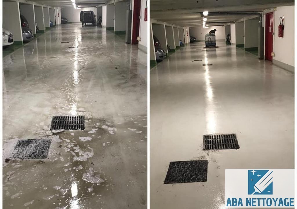 Parking souterrain avant et après lavage du sol